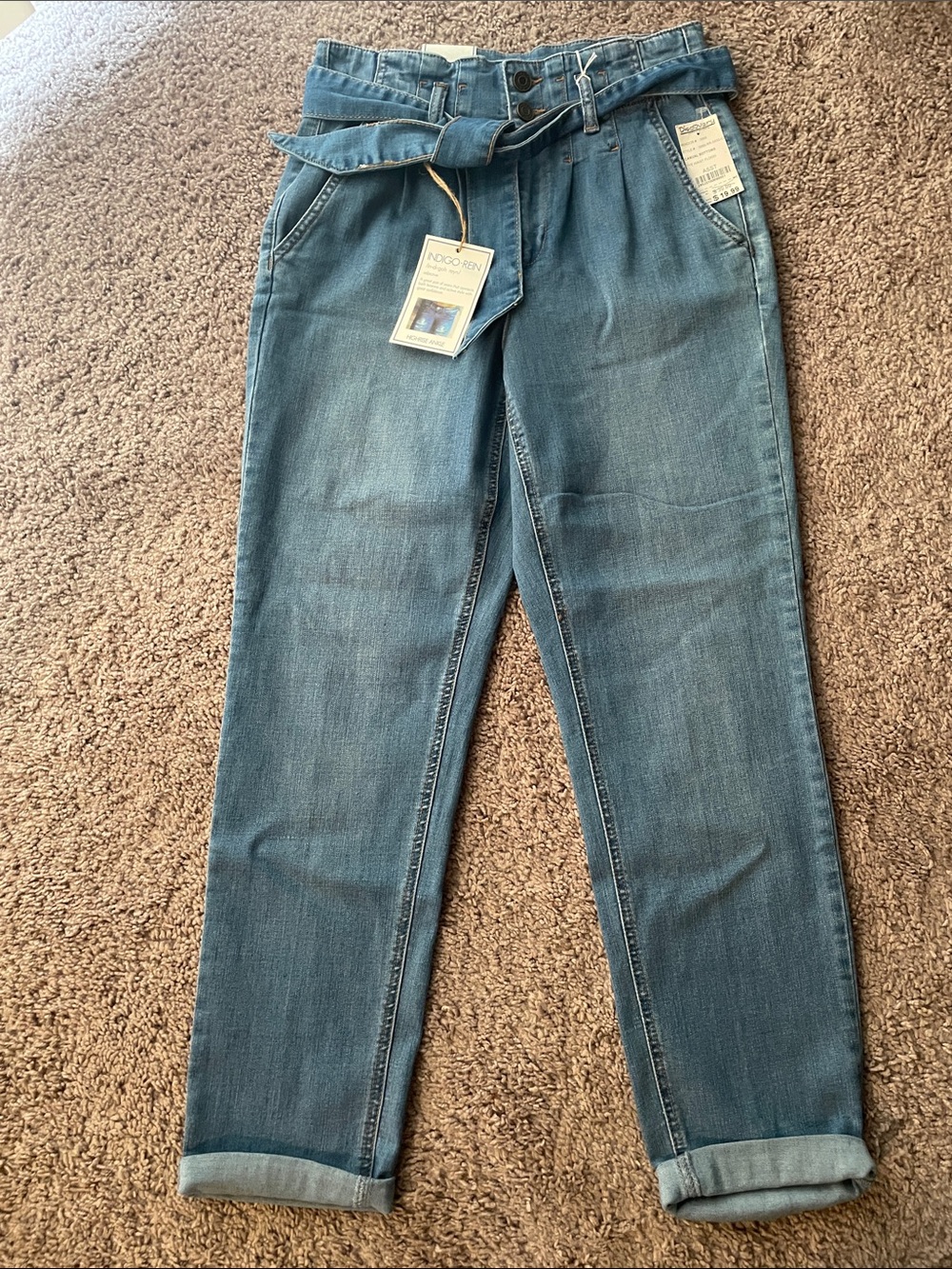 Indigo Rein Women's Boyfriend Jeans in Medium Blue with Tie Belt